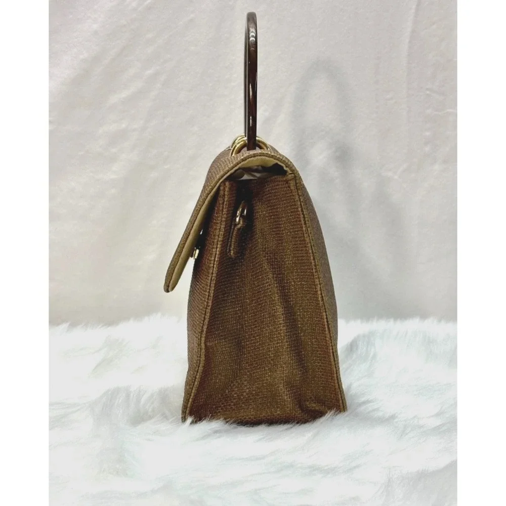 Structured Top Handle Purse Tortoise Acrylic Handle Neutral Woven Handbag‎